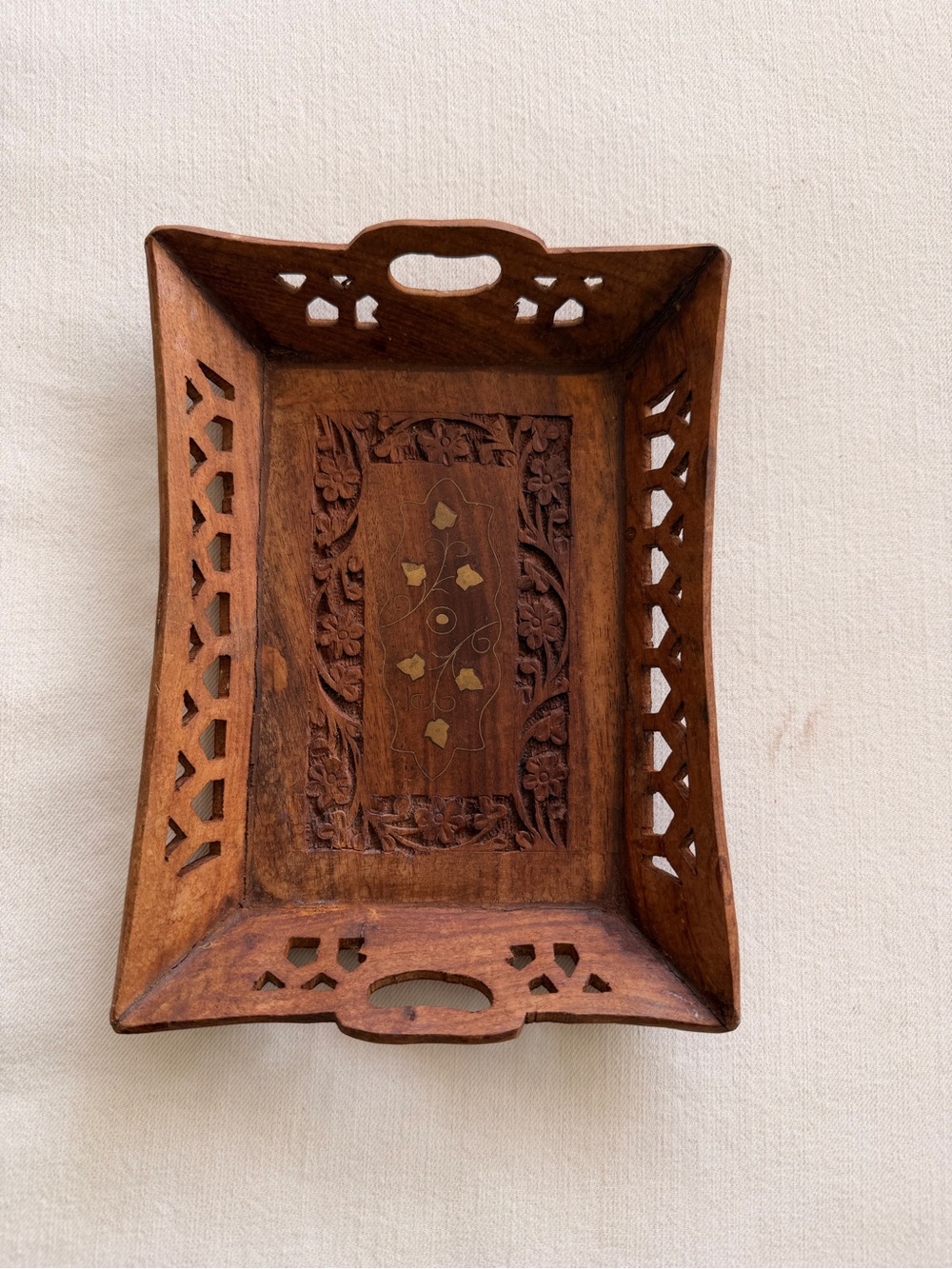 Handcrafted Carved Wooden Trinket Tray in Warm Brown
